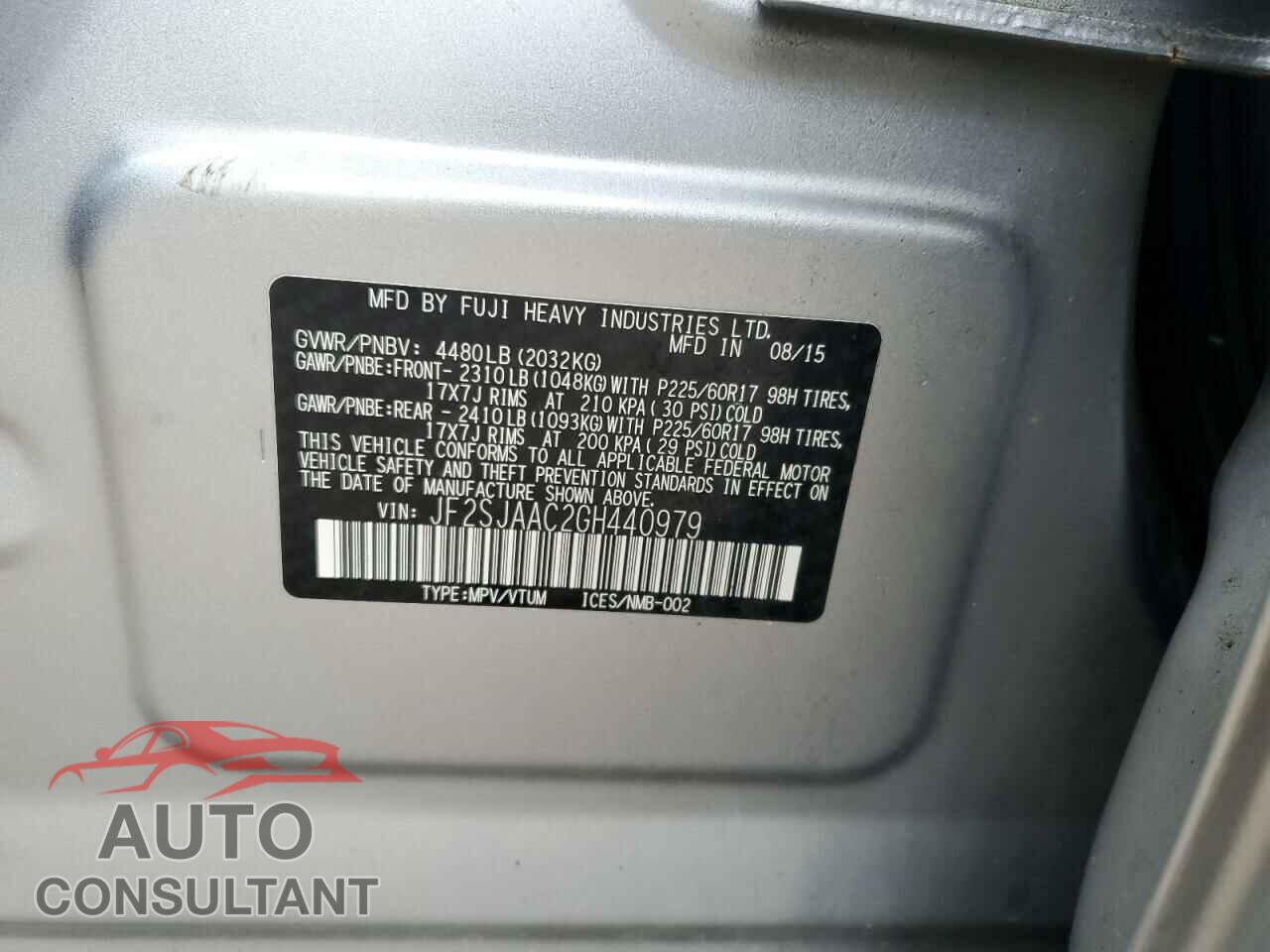 SUBARU FORESTER 2016 - JF2SJAAC2GH440979