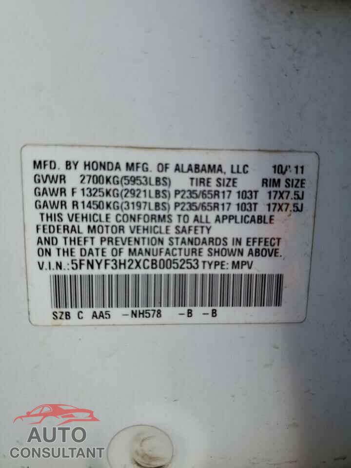 HONDA PILOT 2012 - 5FNYF3H2XCB005253