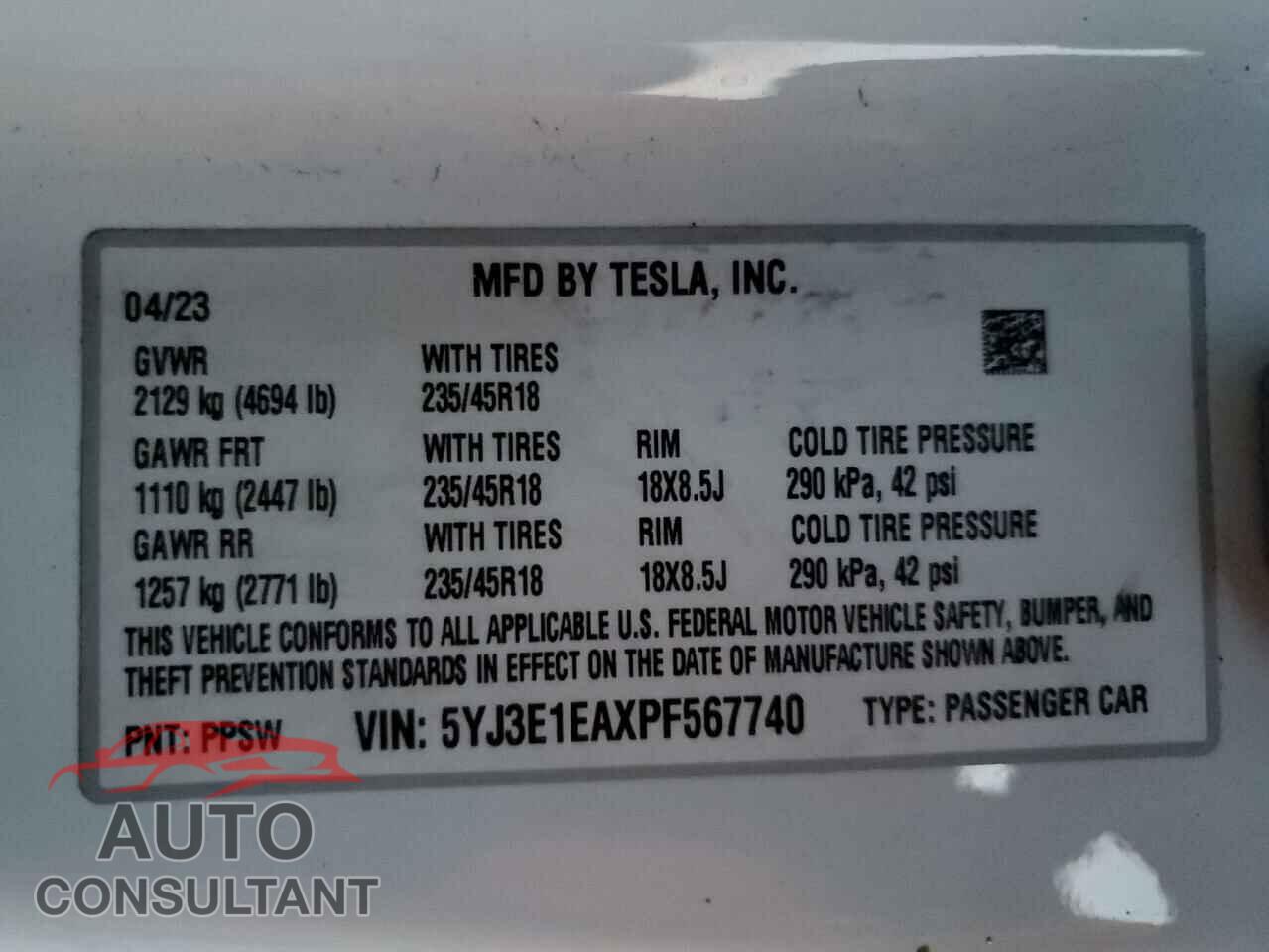 TESLA MODEL 3 2023 - 5YJ3E1EAXPF567740