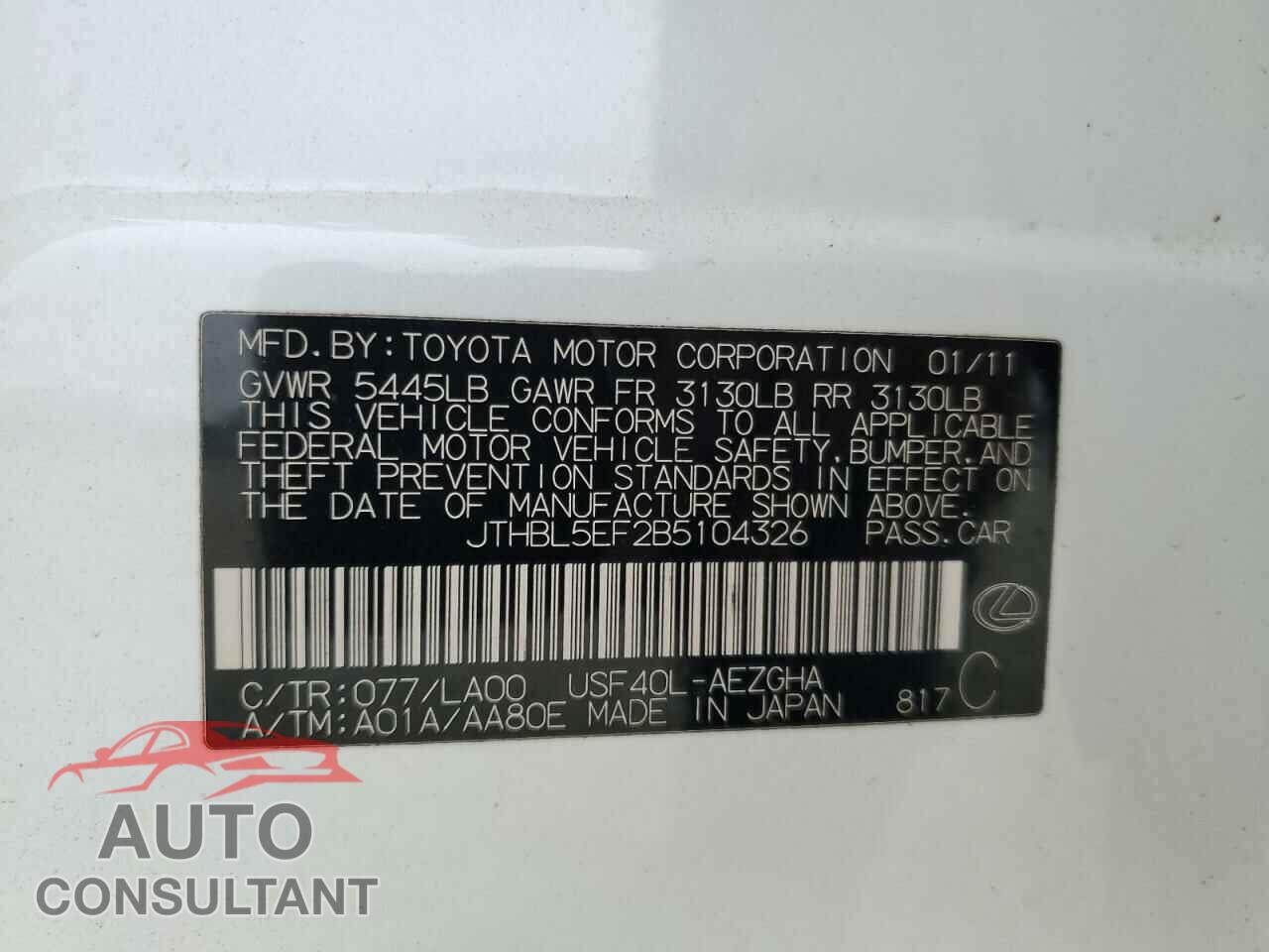 LEXUS LS460 2011 - JTHBL5EF2B5104326