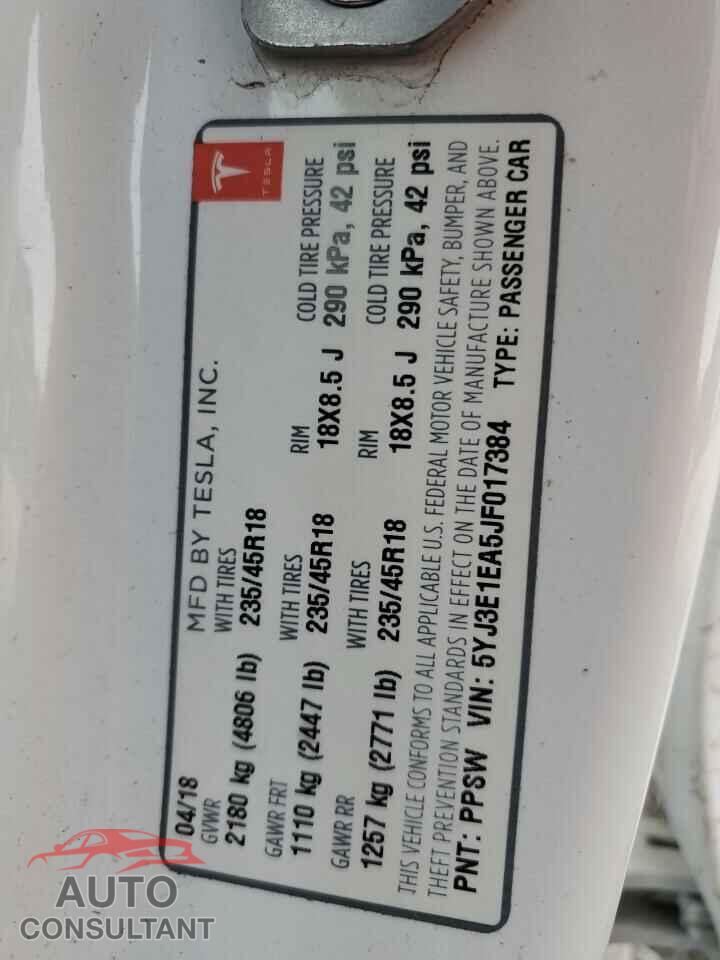 TESLA MODEL 3 2018 - 5YJ3E1EA5JF017384
