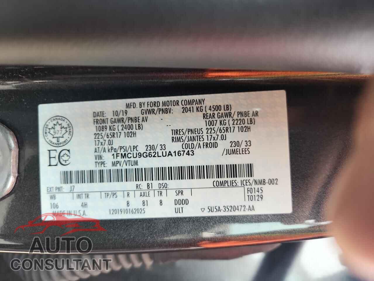 FORD ESCAPE 2020 - 1FMCU9G62LUA16743