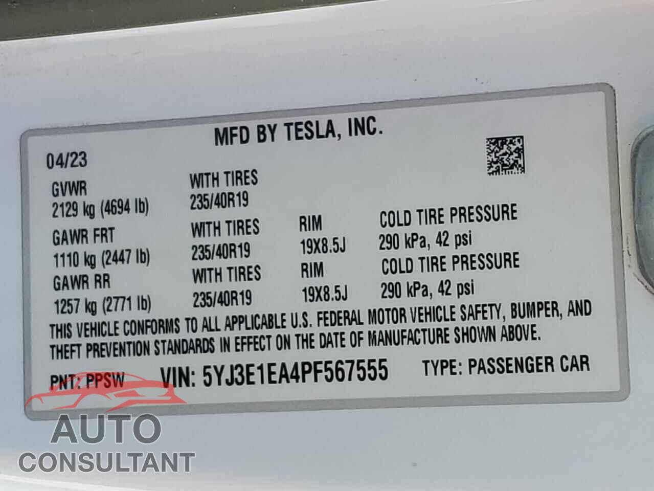 TESLA MODEL 3 2023 - 5YJ3E1EA4PF567555