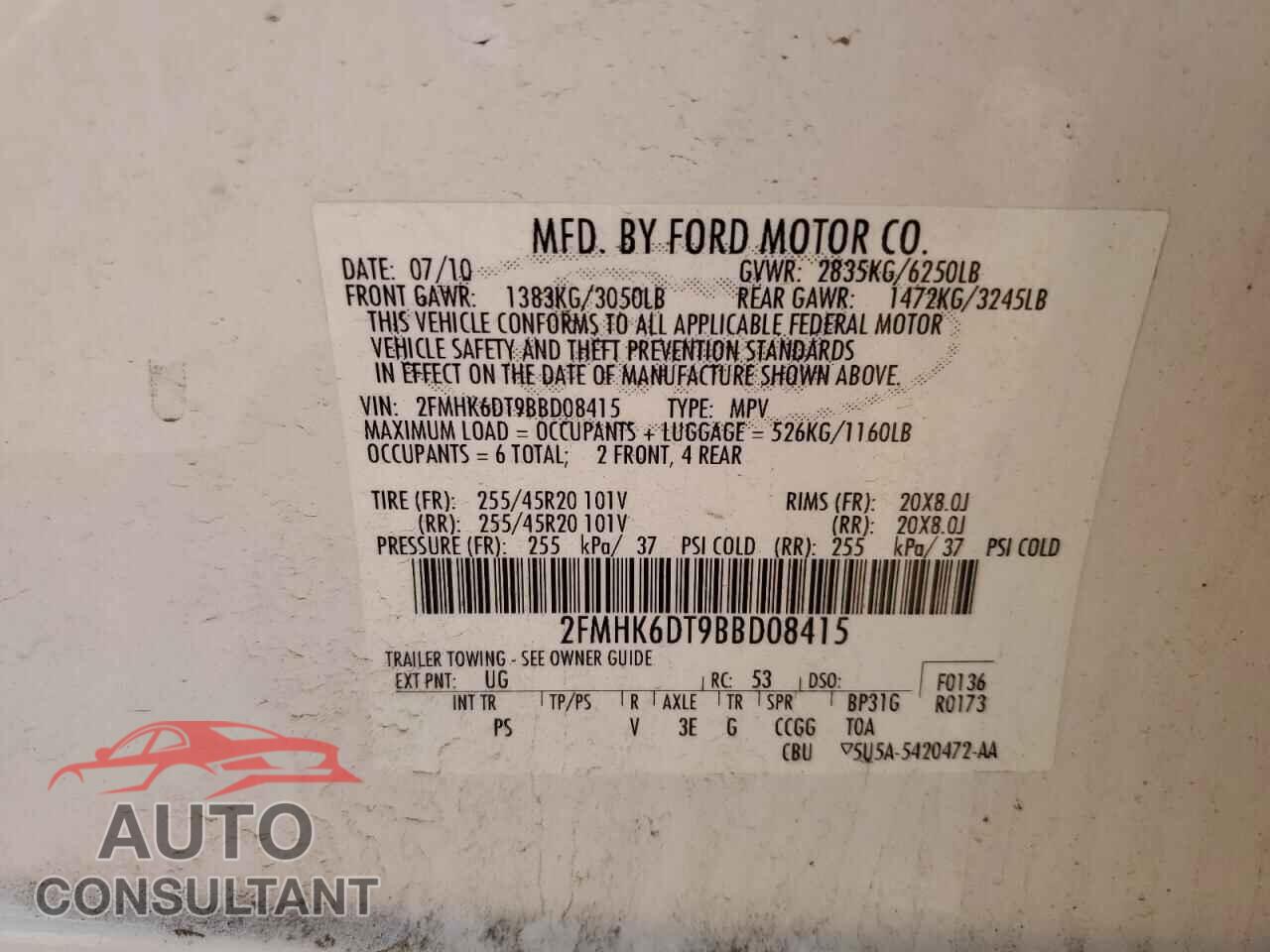 FORD FLEX 2011 - 2FMHK6DT9BBD08415