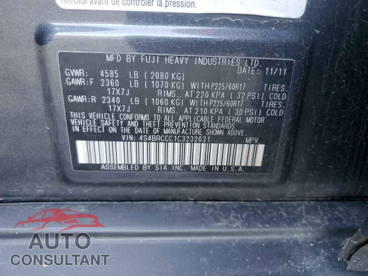 SUBARU OUTBACK 2012 - 4S4BRCCC1C3232031