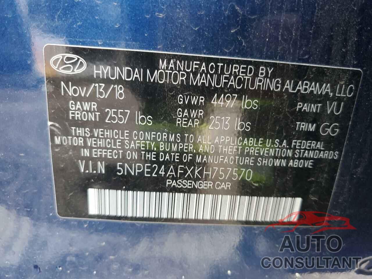 HYUNDAI SONATA 2019 - 5NPE24AFXKH757570