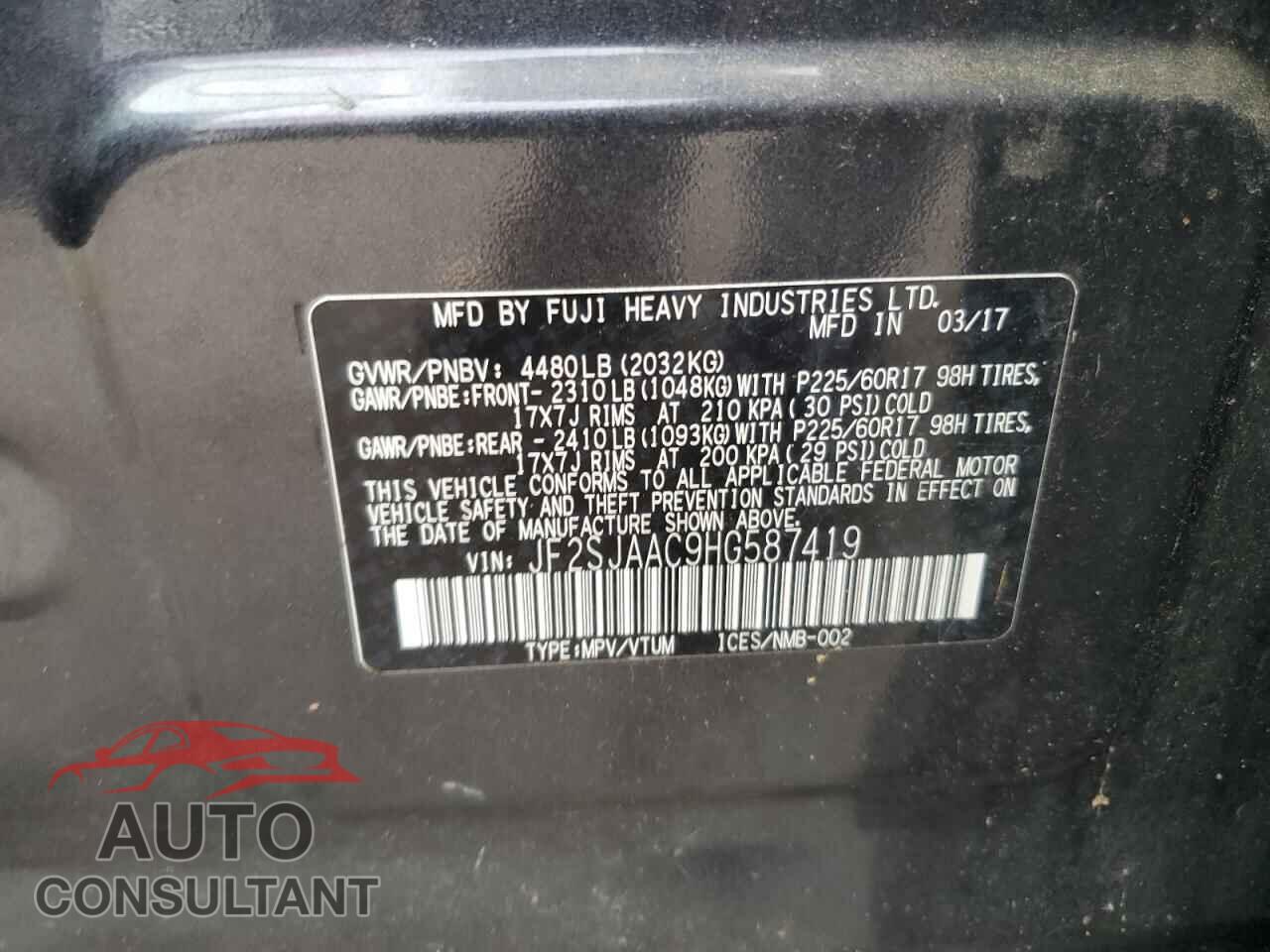 SUBARU FORESTER 2017 - JF2SJAAC9HG587419