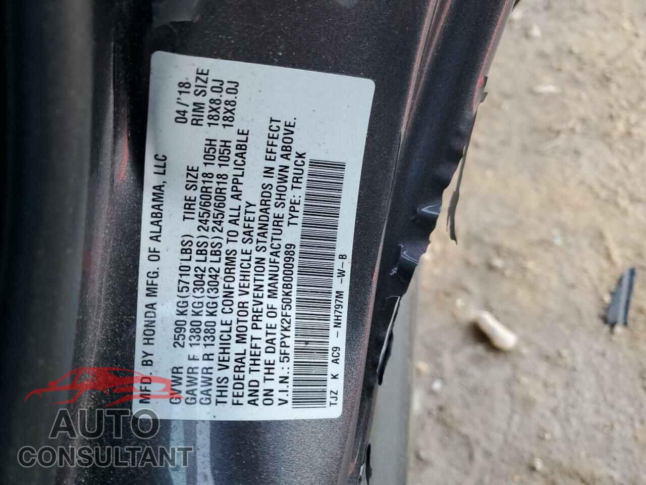 HONDA RIDGELINE 2019 - 5FPYK2F50KB000989