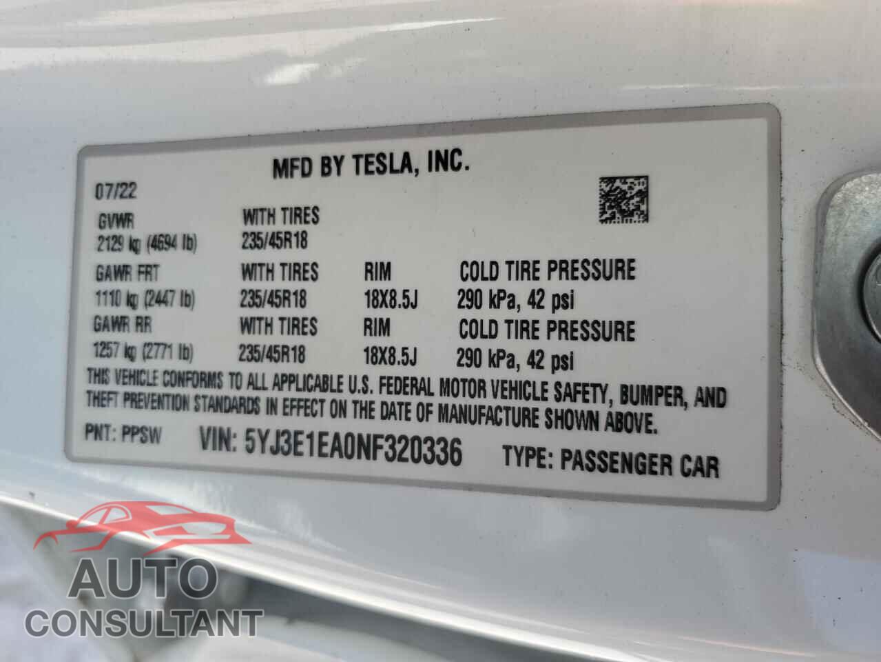 TESLA MODEL 3 2022 - 5YJ3E1EA0NF320336