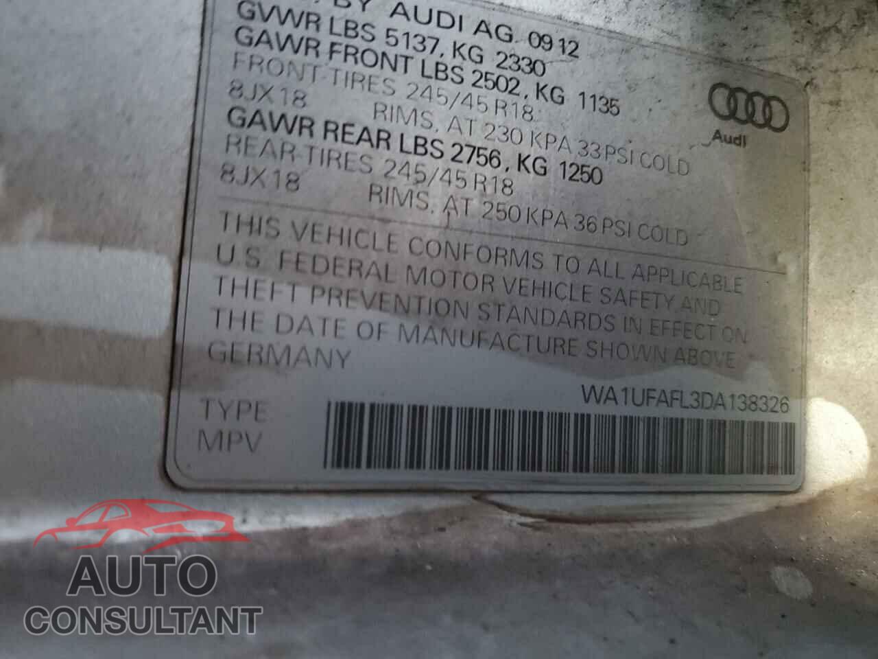 AUDI A4 2013 - WA1UFAFL3DA138326