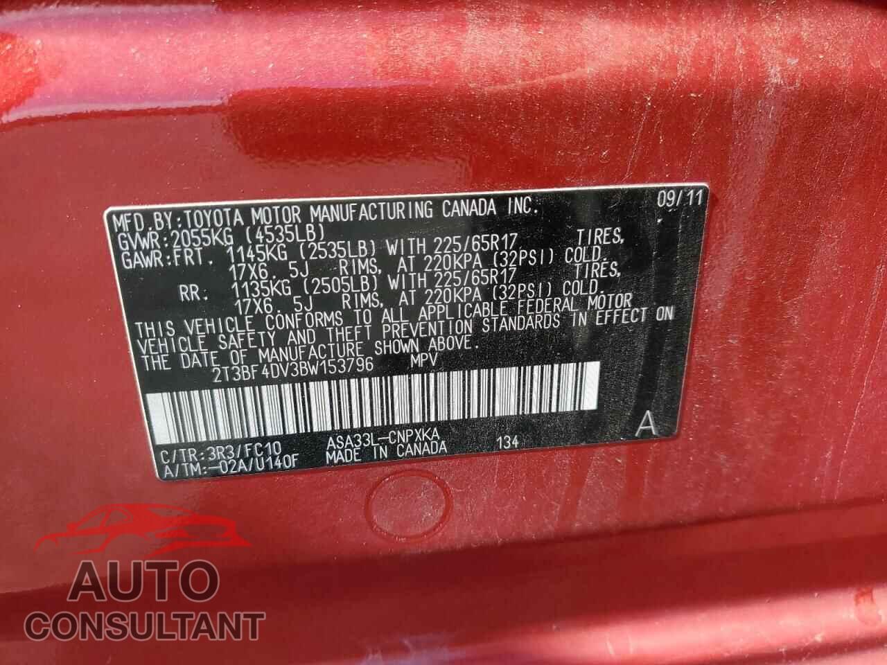 TOYOTA RAV4 2011 - 2T3BF4DV3BW153796