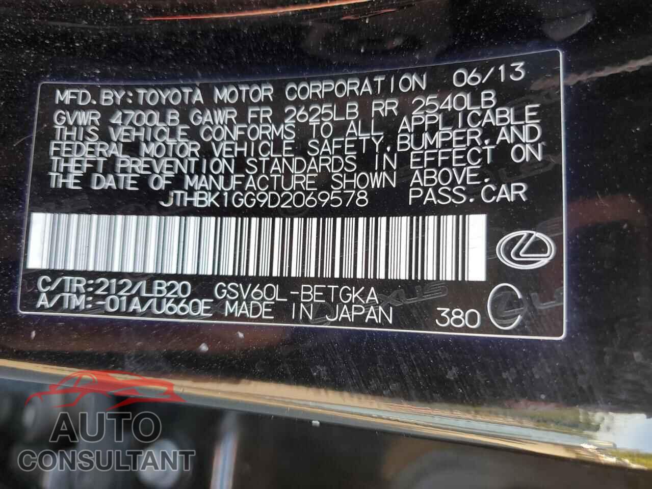 LEXUS ES350 2013 - JTHBK1GG9D2069578