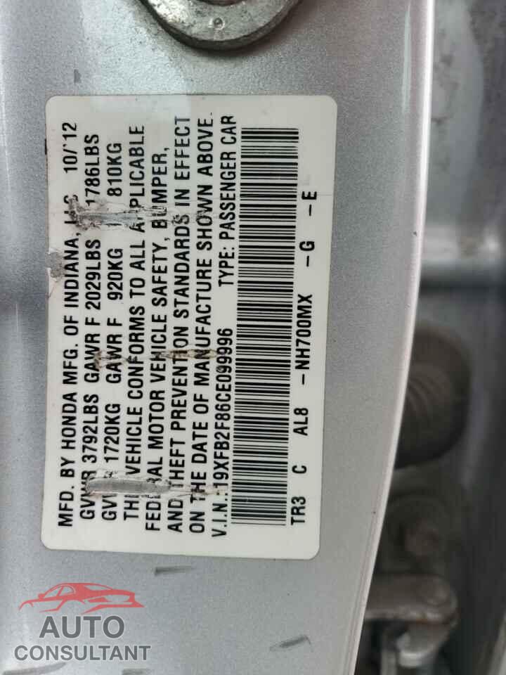 HONDA CIVIC 2012 - 19XFB2F86CE099996