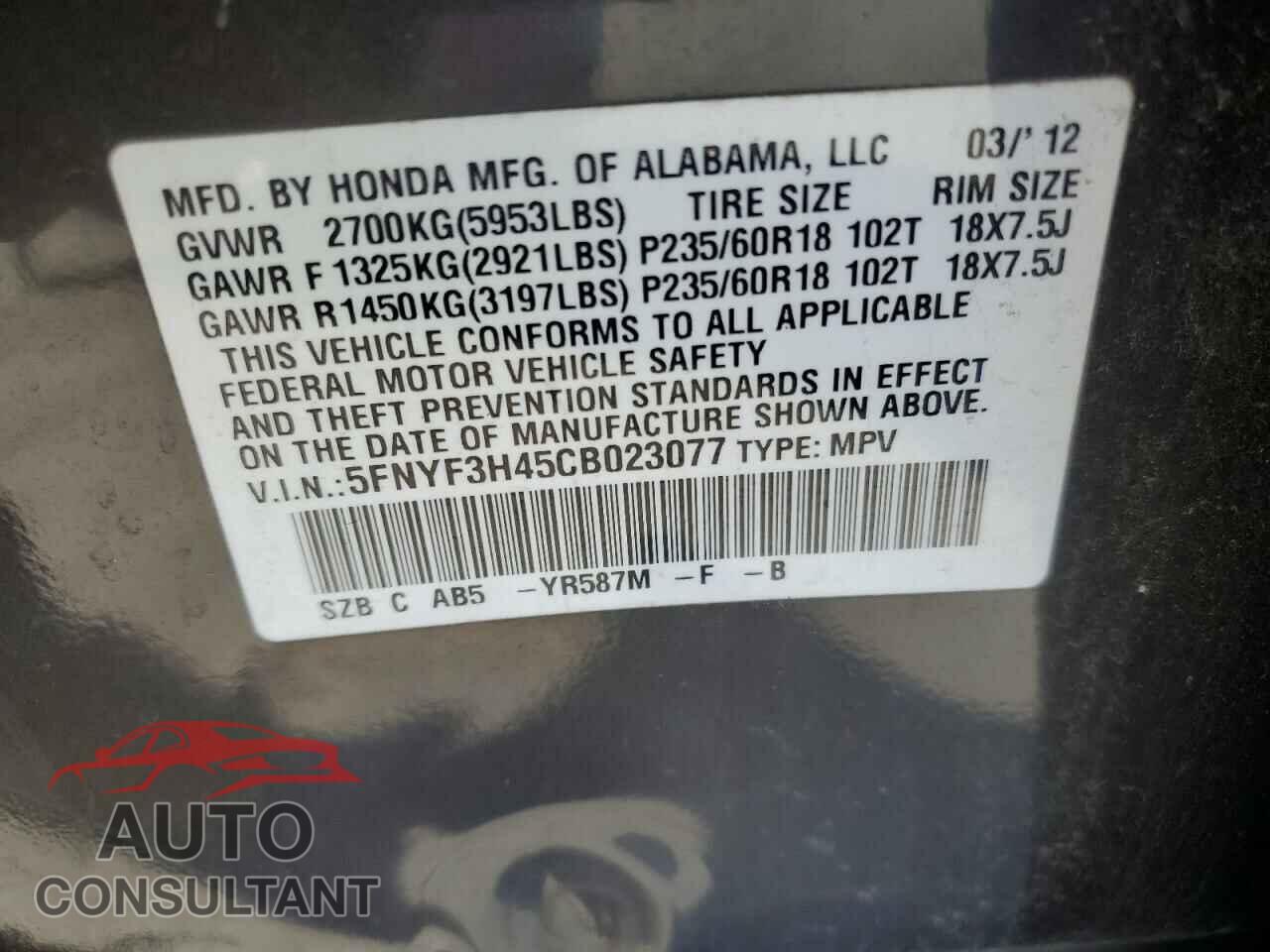 HONDA PILOT 2012 - 5FNYF3H45CB023077