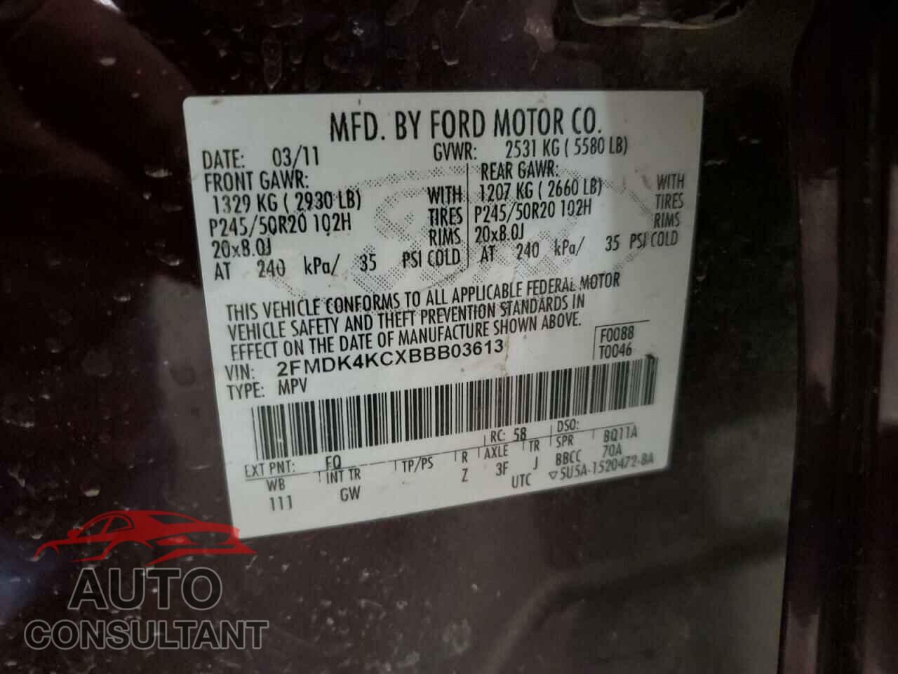 FORD EDGE 2011 - 2FMDK4KCXBBB03613