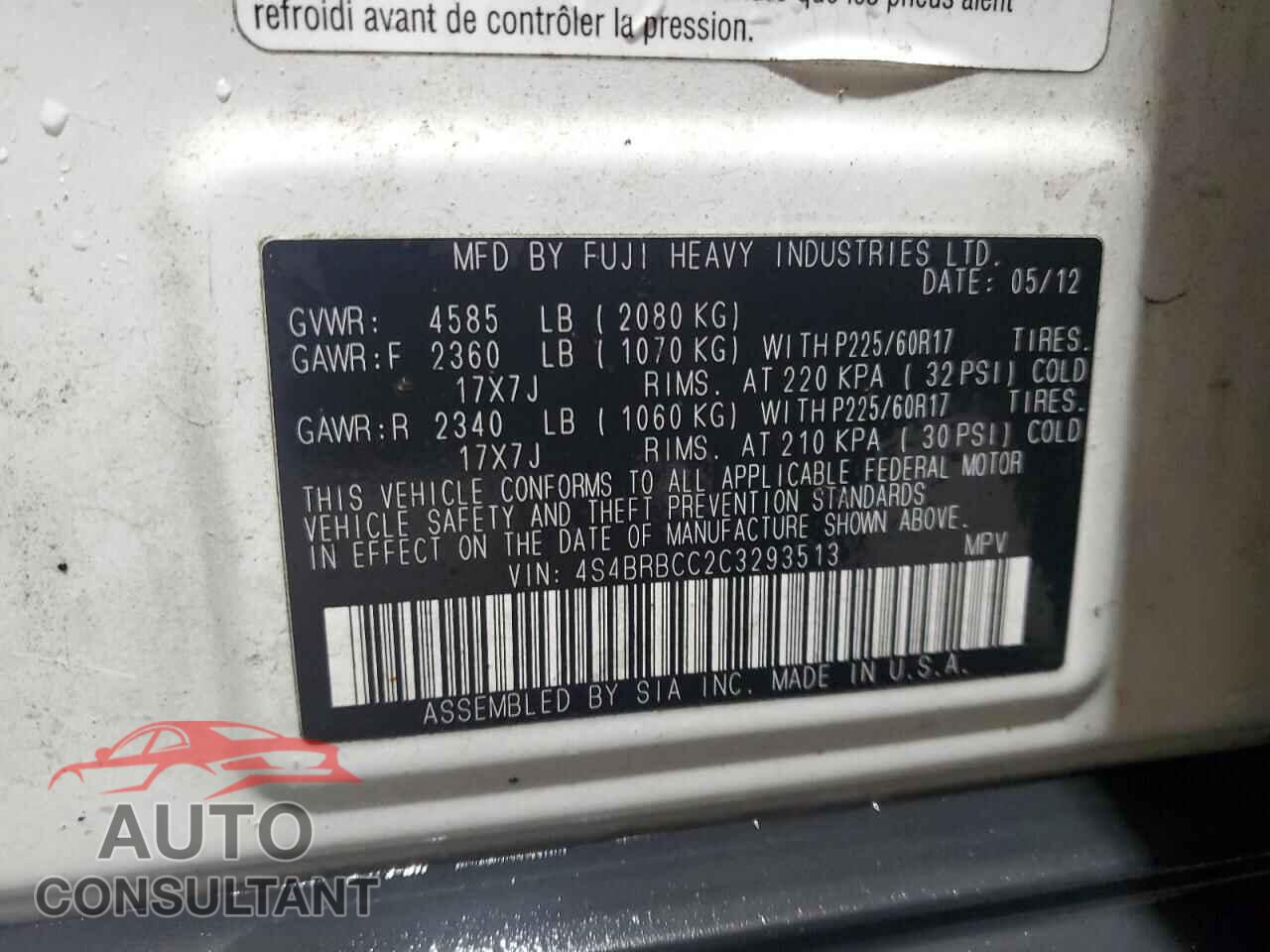 SUBARU OUTBACK 2012 - 4S4BRBCC2C3293513
