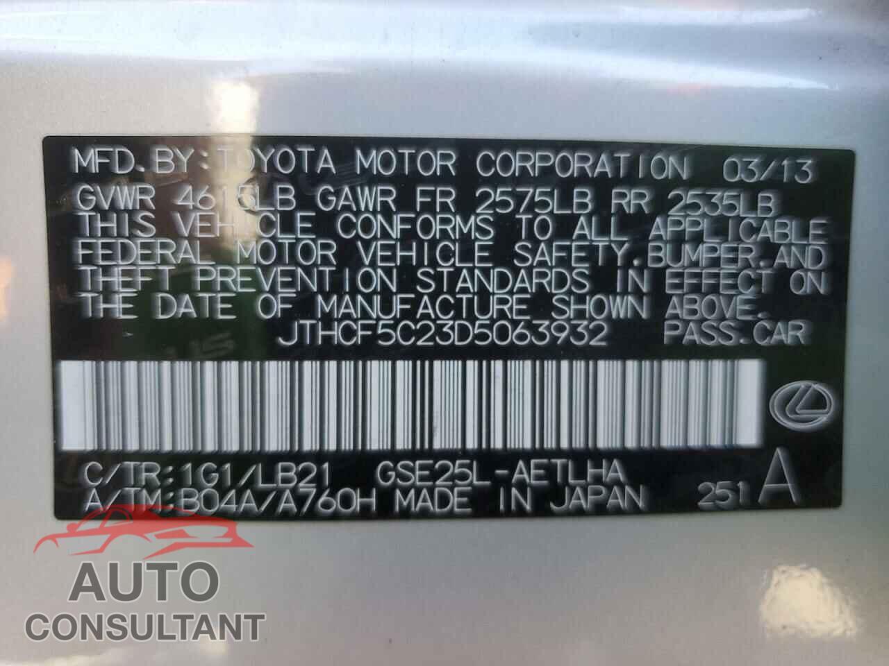LEXUS IS 2013 - JTHCF5C23D5063932