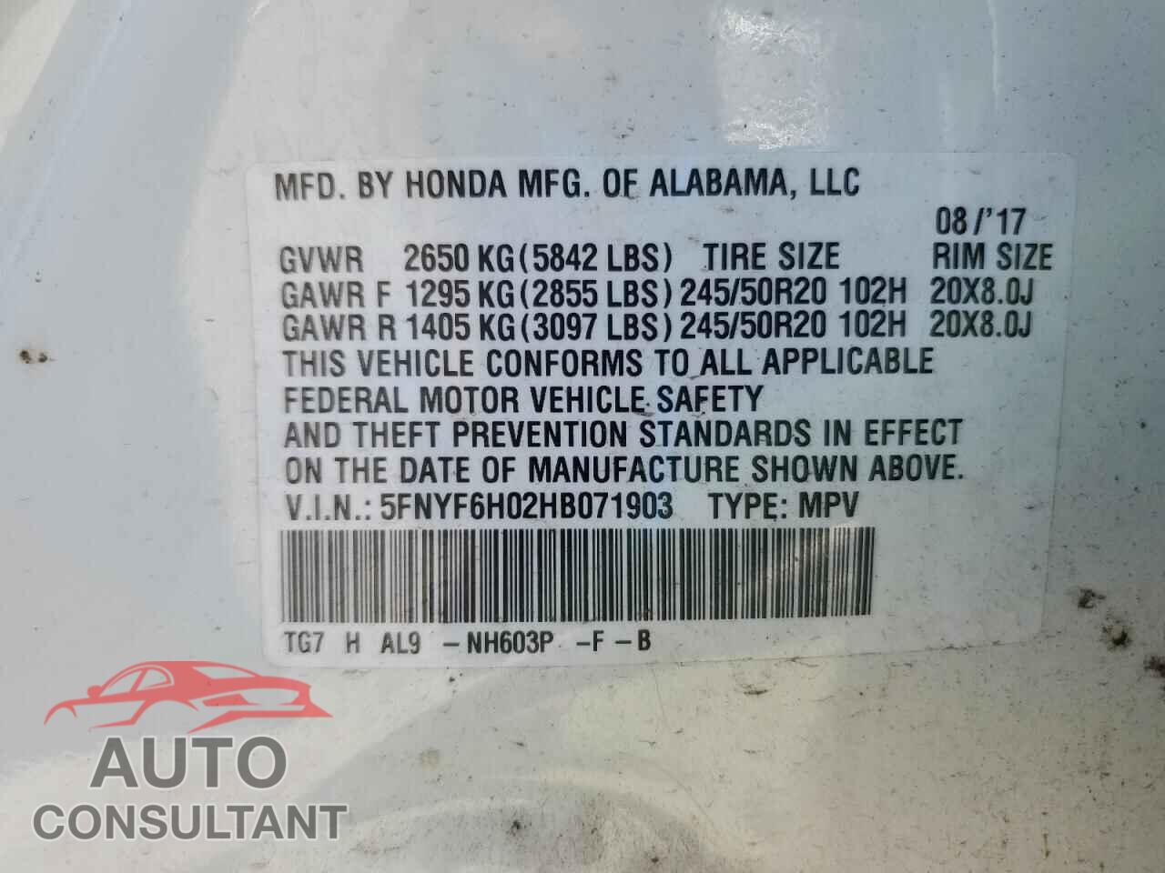 HONDA PILOT 2017 - 5FNYF6H02HB071903