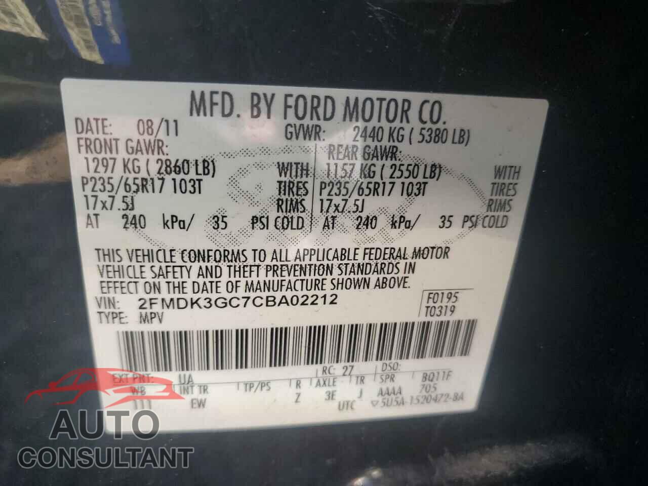 FORD EDGE 2012 - 2FMDK3GC7CBA02212
