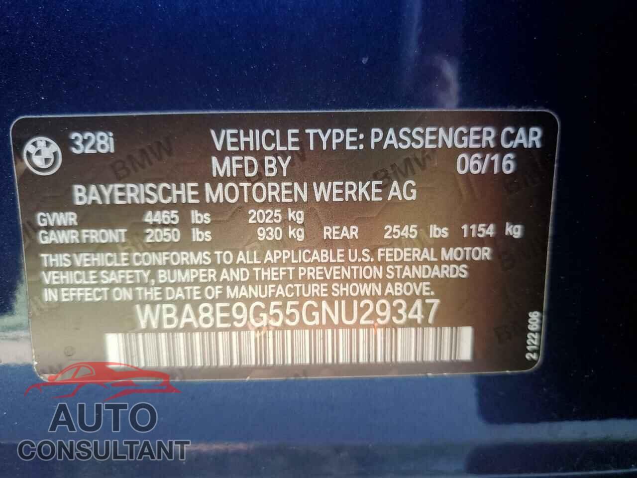 BMW 3 SERIES 2016 - WBA8E9G55GNU29347