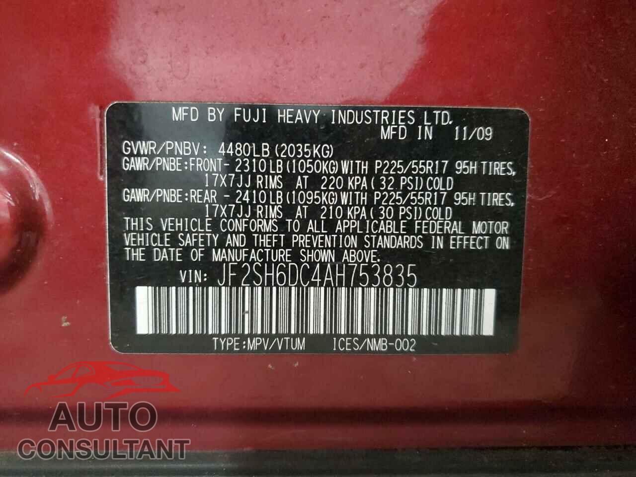 SUBARU FORESTER 2010 - JF2SH6DC4AH753835