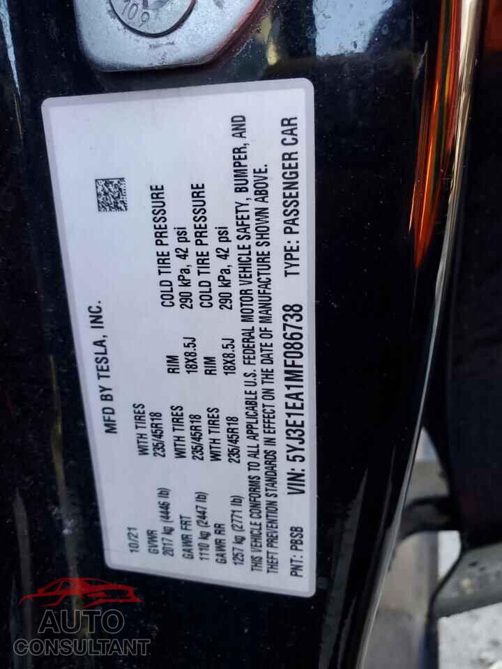 TESLA MODEL 3 2021 - 5YJ3E1EA1MF086738