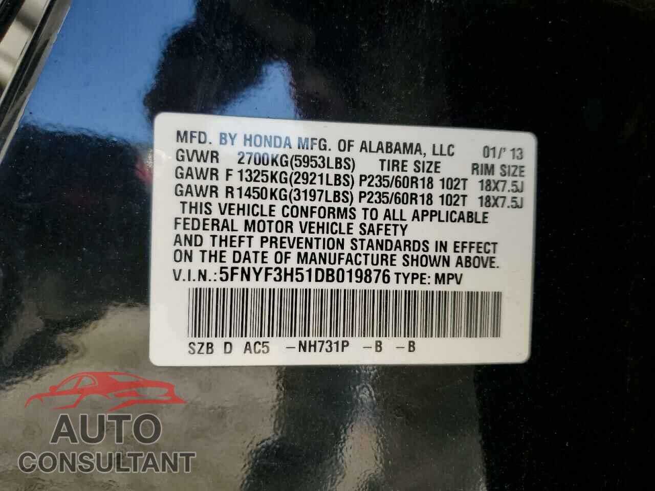 HONDA PILOT 2013 - 5FNYF3H51DB019876