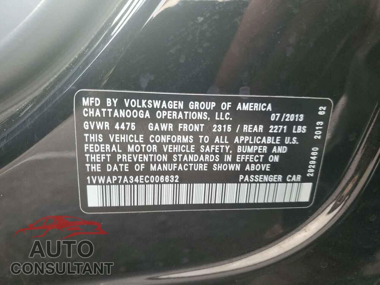 VOLKSWAGEN PASSAT 2014 - 1VWAP7A34EC006632