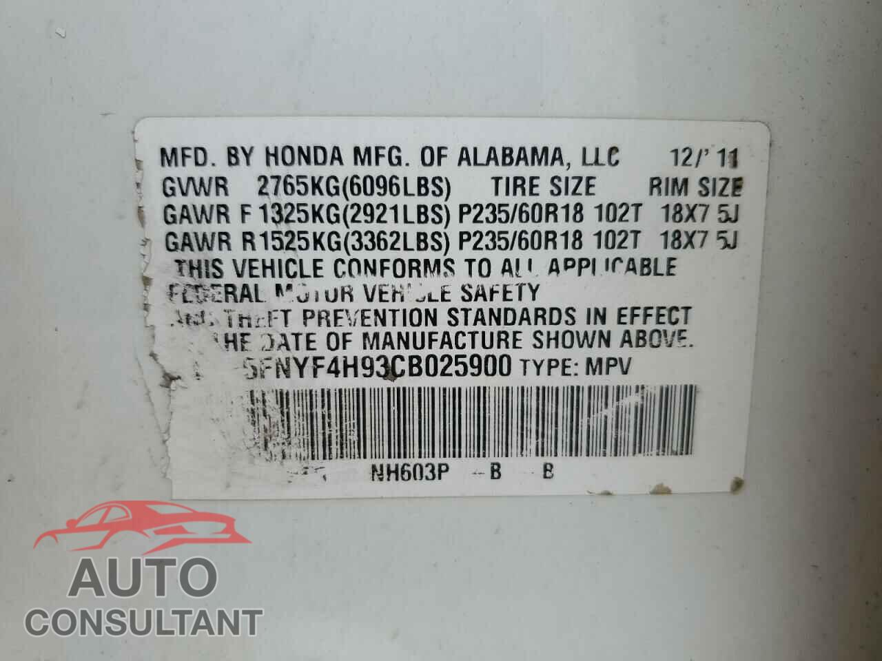 HONDA PILOT 2012 - 5FNYF4H93CB025900