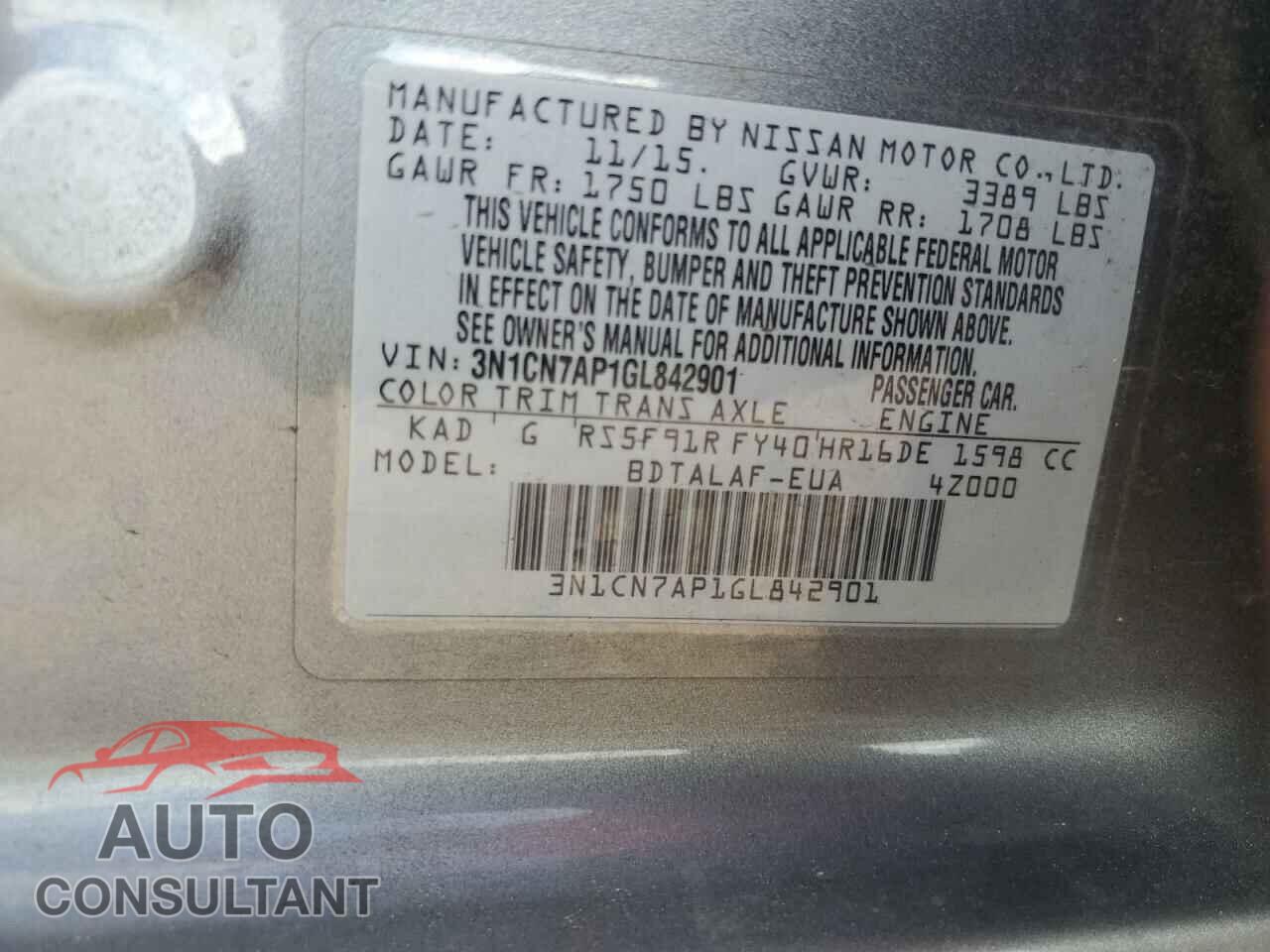 NISSAN VERSA 2016 - 3N1CN7AP1GL842901