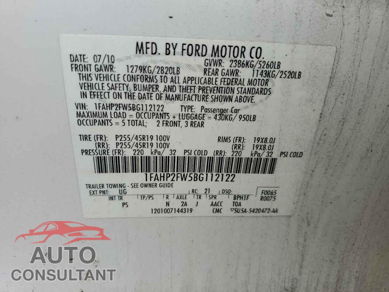FORD TAURUS 2011 - 1FAHP2FW5BG112122