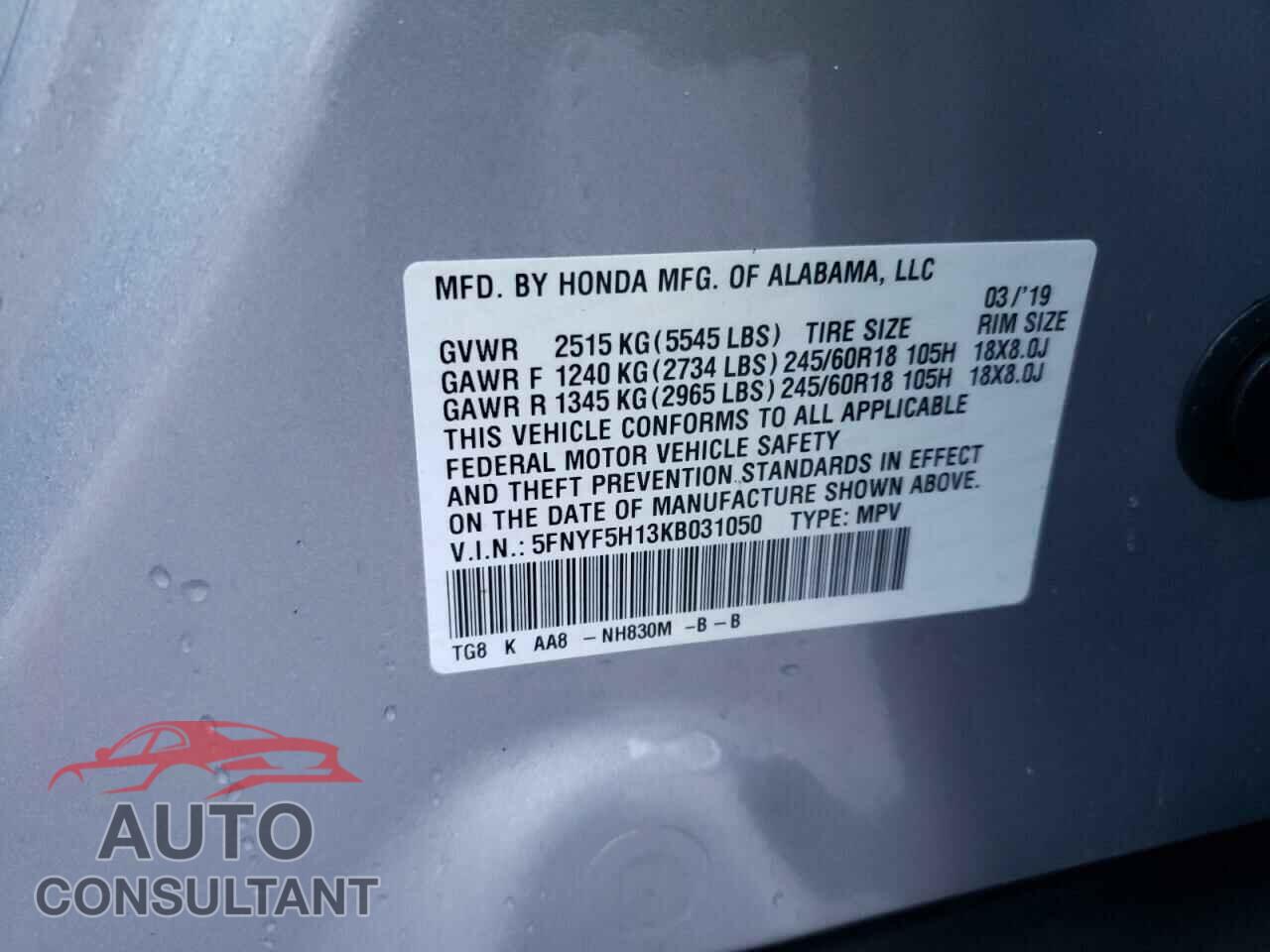 HONDA PILOT 2019 - 5FNYF5H13KB031050
