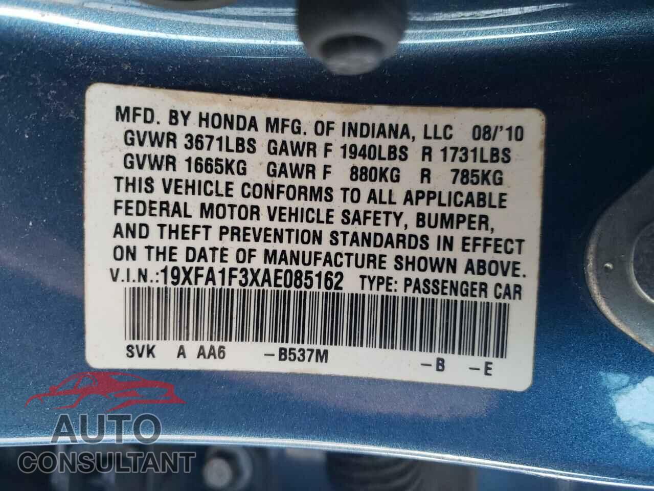 HONDA CIVIC 2010 - 19XFA1F3XAE085162