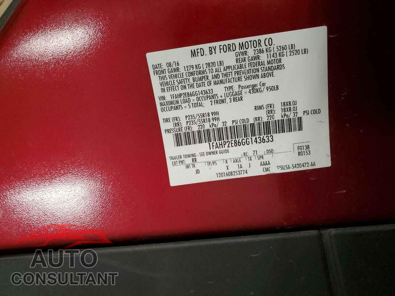 FORD TAURUS 2016 - 1FAHP2E86GG143633