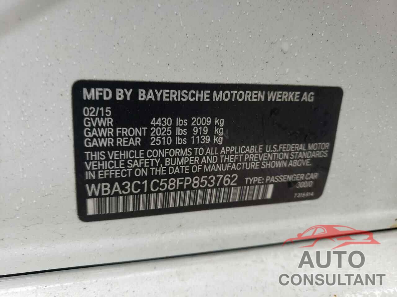 BMW 3 SERIES 2015 - WBA3C1C58FP853762