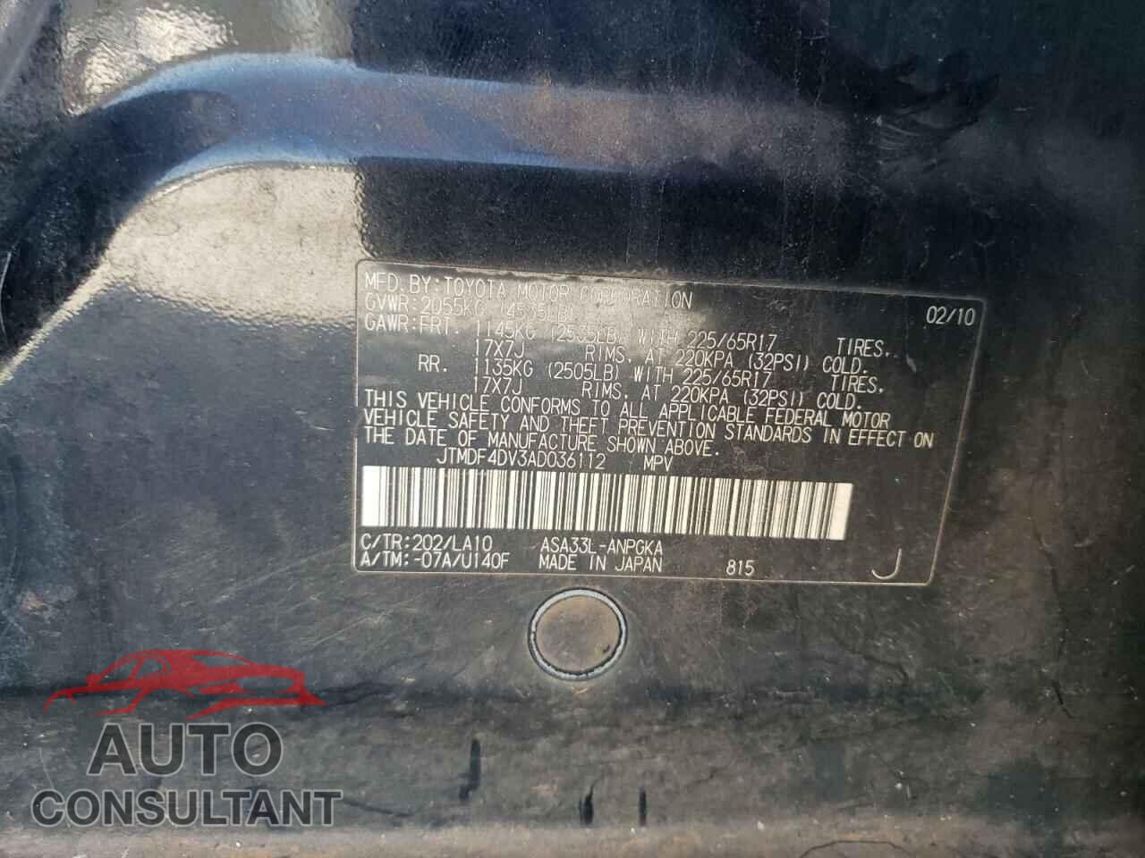 TOYOTA RAV4 2010 - JTMDF4DV3AD036112