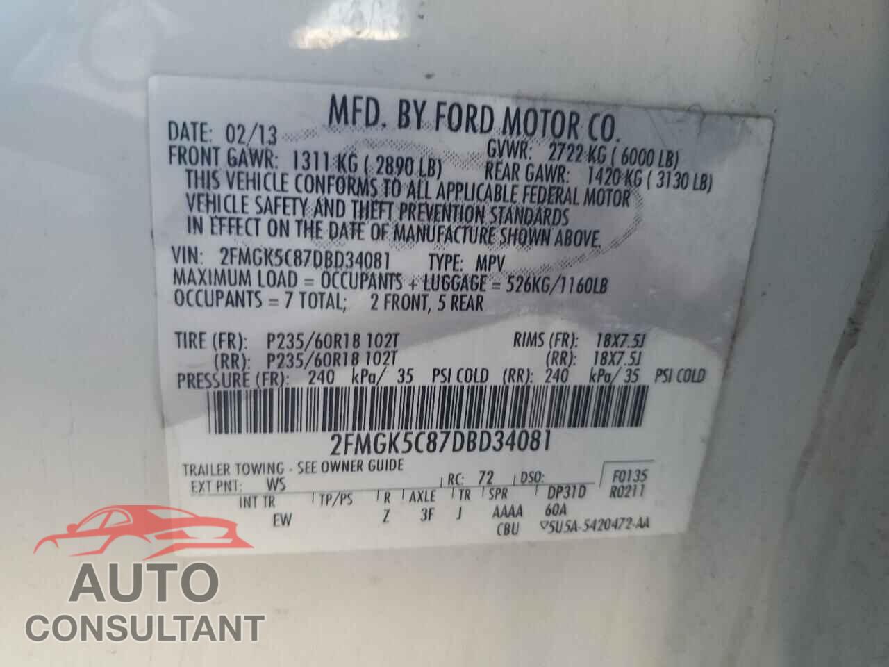 FORD FLEX 2013 - 2FMGK5C87DBD34081