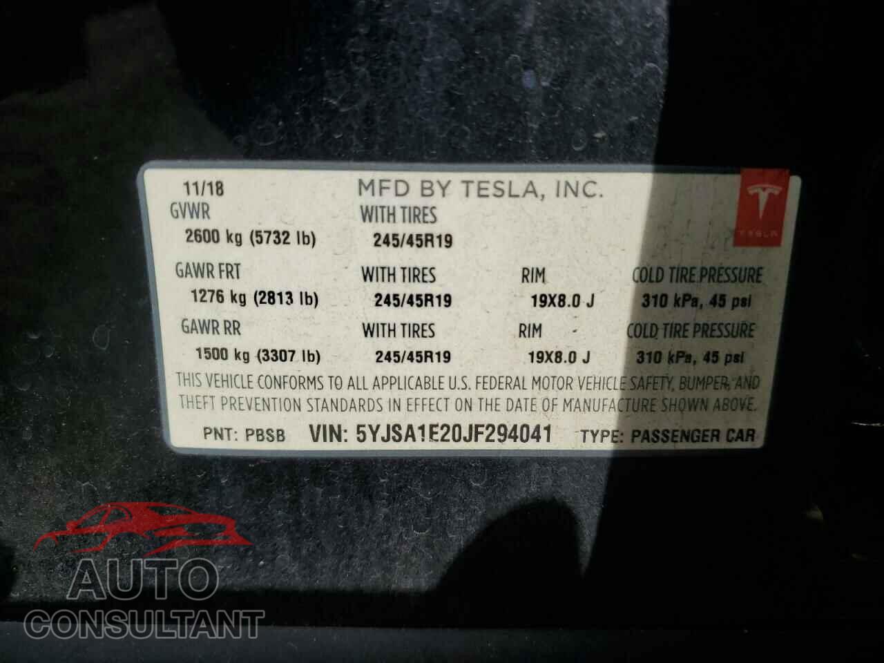 TESLA MODEL S 2018 - 5YJSA1E20JF294041