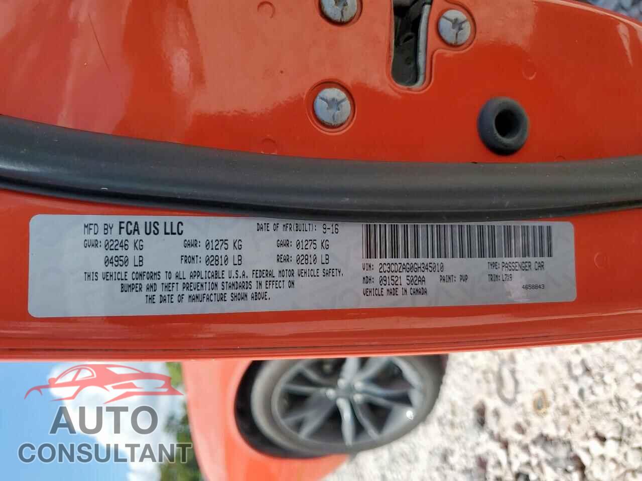 DODGE CHALLENGER 2016 - 2C3CDZAG0GH345010