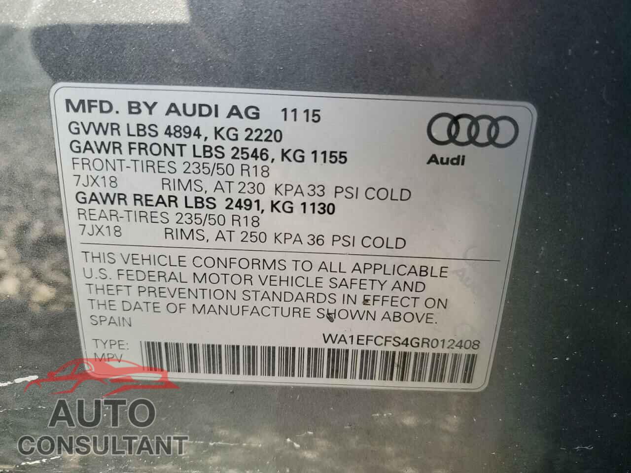 AUDI Q3 2016 - WA1EFCFS4GR012408