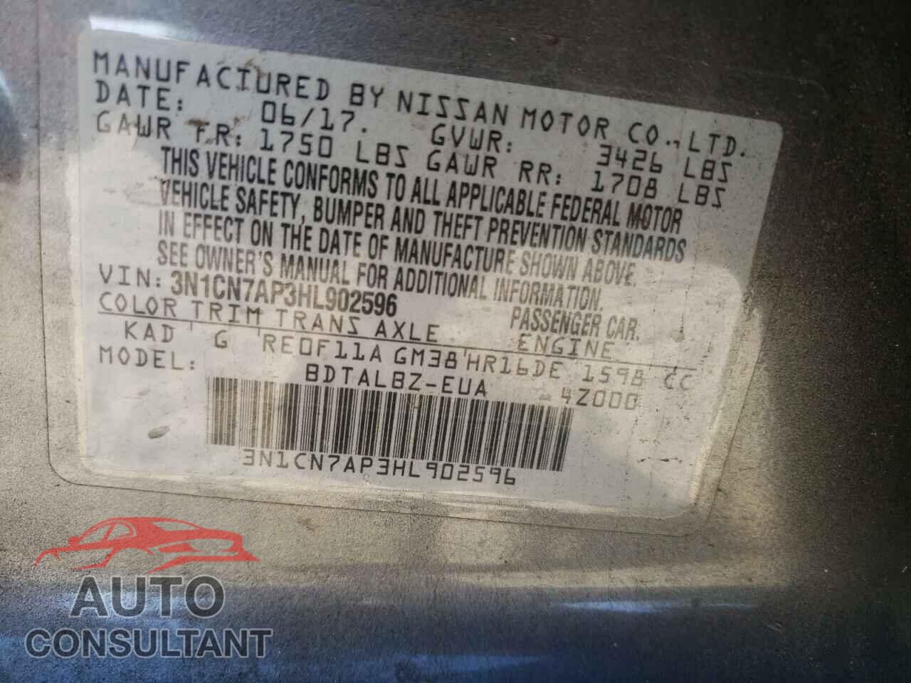 NISSAN VERSA 2017 - 3N1CN7AP3HL902596