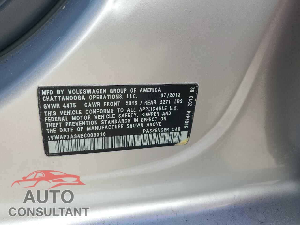 VOLKSWAGEN PASSAT 2014 - 1VWAP7A34EC008316