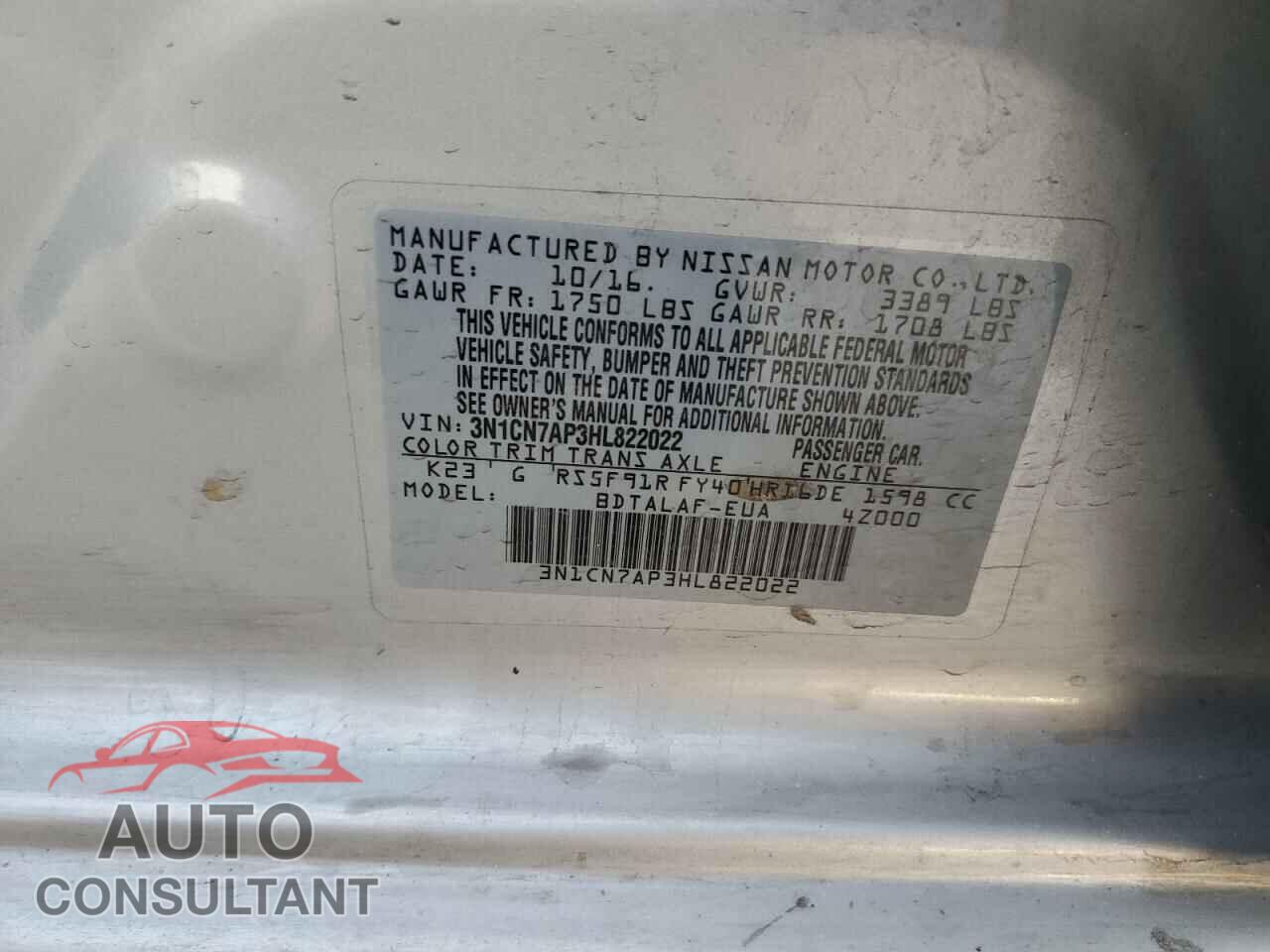 NISSAN VERSA 2017 - 3N1CN7AP3HL822022