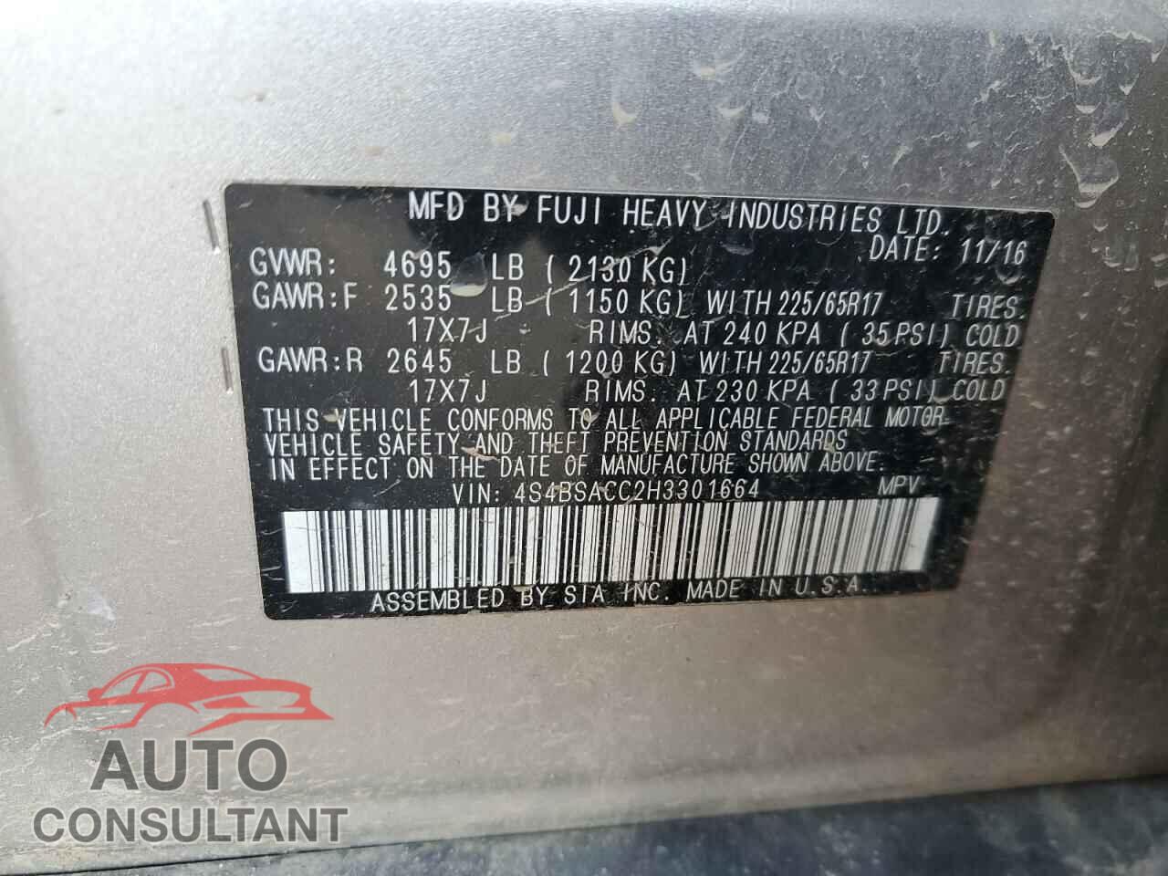 SUBARU OUTBACK 2017 - 4S4BSACC2H3301664