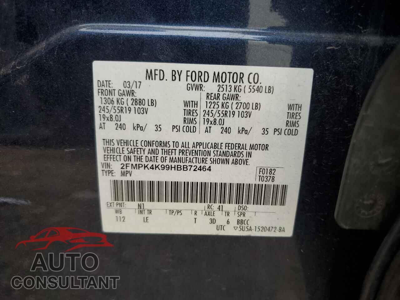 FORD EDGE 2017 - 2FMPK4K99HBB72464