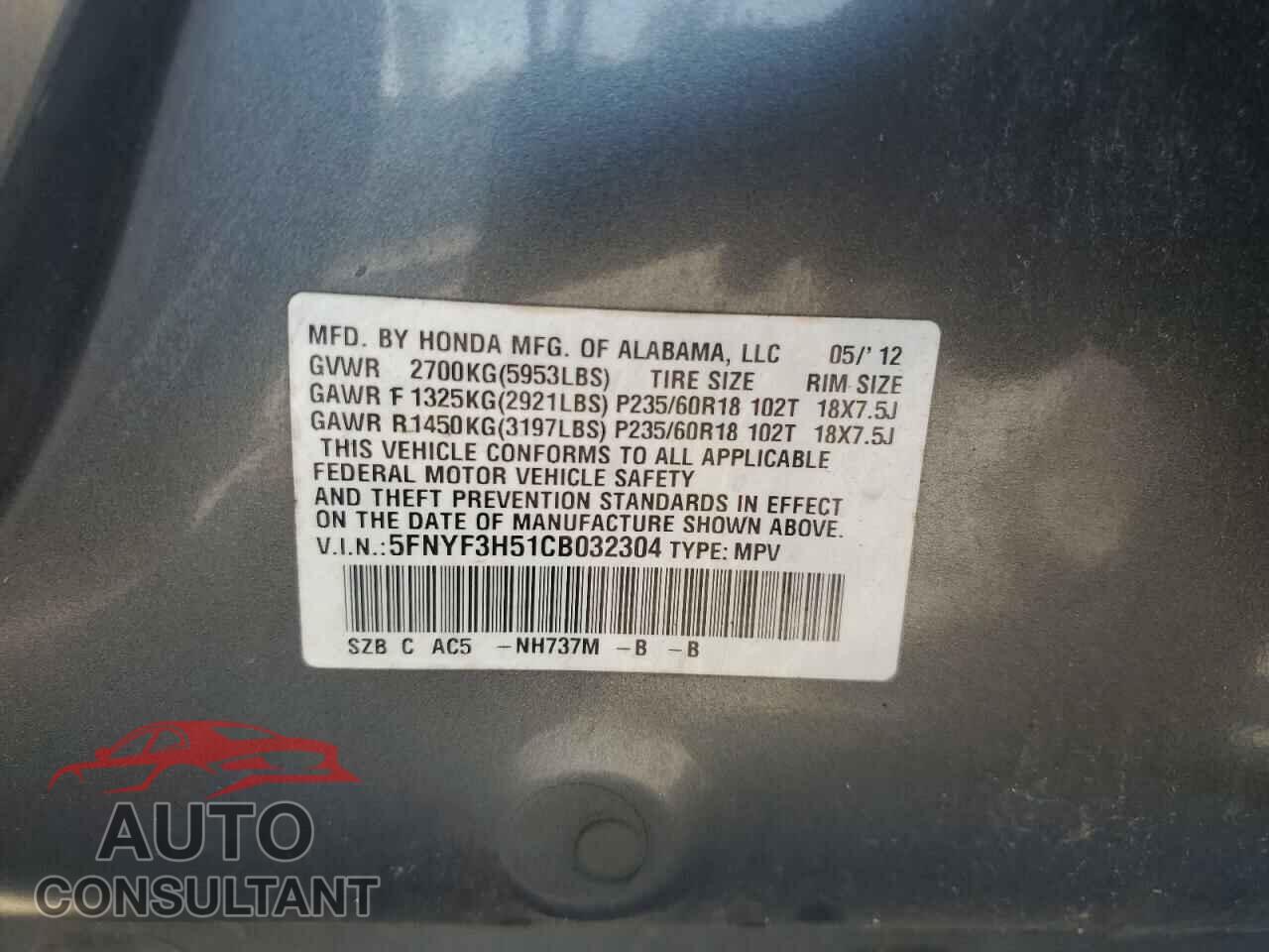 HONDA PILOT 2012 - 5FNYF3H51CB032304