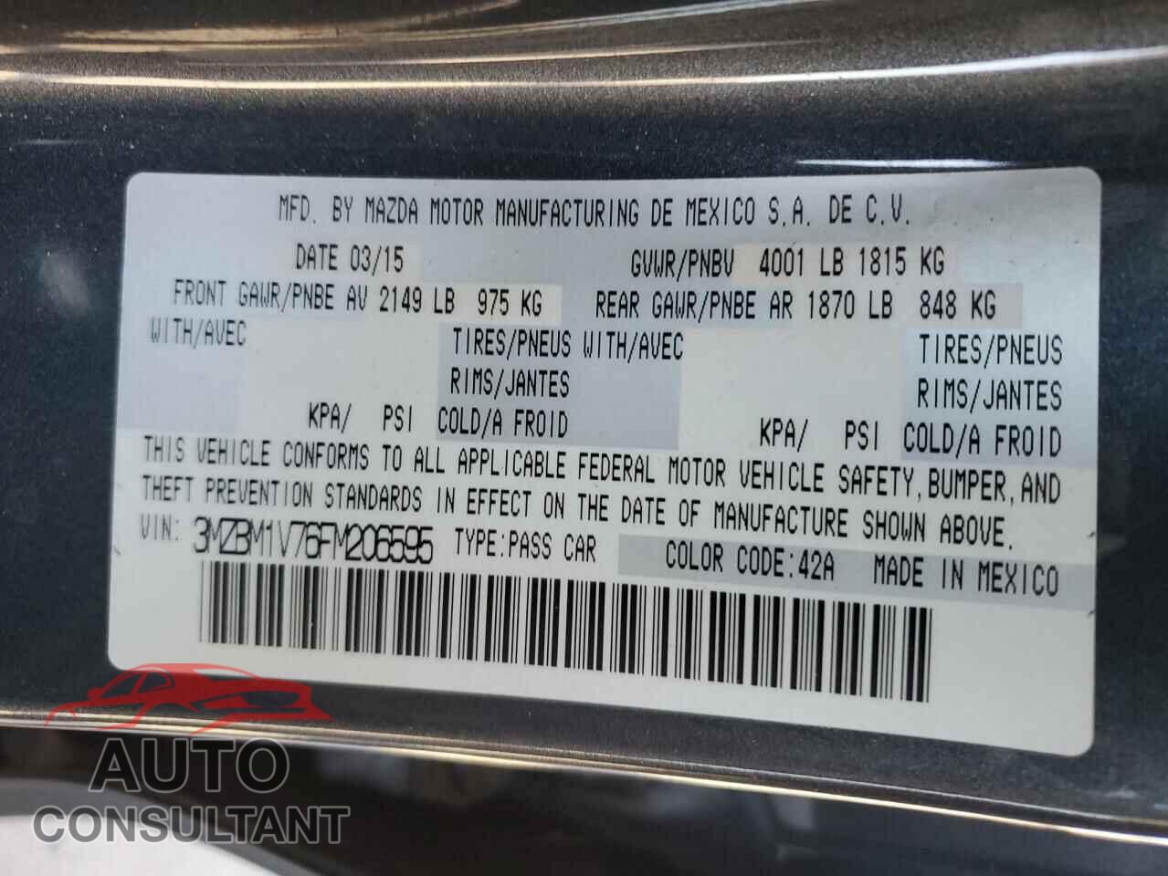 MAZDA 3 2015 - 3MZBM1V76FM206595
