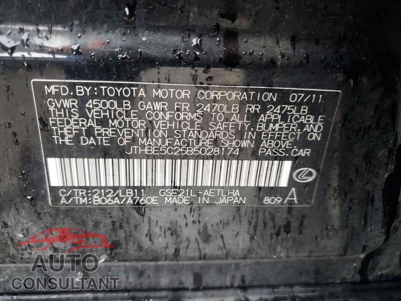 LEXUS IS 2011 - JTHBE5C25B5028174