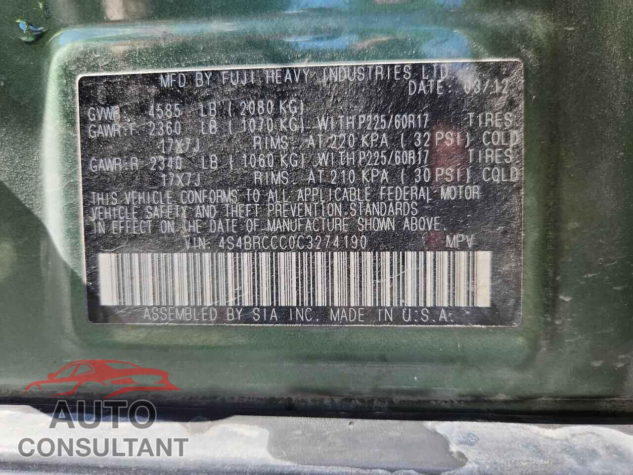 SUBARU OUTBACK 2012 - 4S4BRCCC0C3274190
