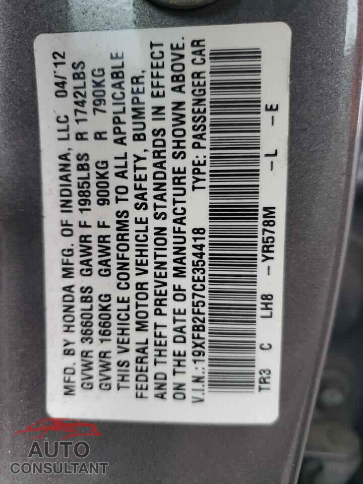 HONDA CIVIC 2012 - 19XFB2F57CE354418